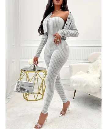 Kadın Uzun Kollu şardonlu Kaşkorse Straplez Ile Kısa önden Düğmeli Ceket Ikili Takım