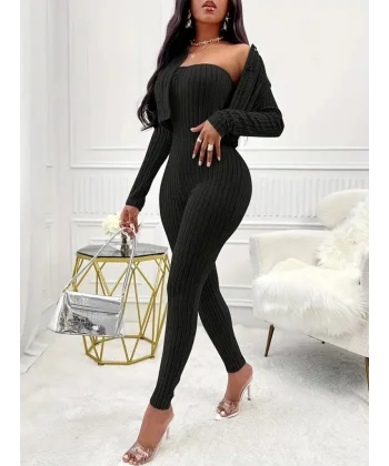 Kadın Uzun Kollu şardonlu Kaşkorse Straplez Ile Kısa önden Düğmeli Ceket Ikili Takım