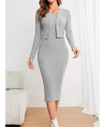 Kadın Uzun Kollu şardonlu Kaşkorseönü Düğmeli Mini Boy Elbise Ikili Takım