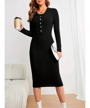 Kadın Uzun Kollu şardonlu Kaşkorseönü Düğmeli Mini Boy Elbise Ikili Takım