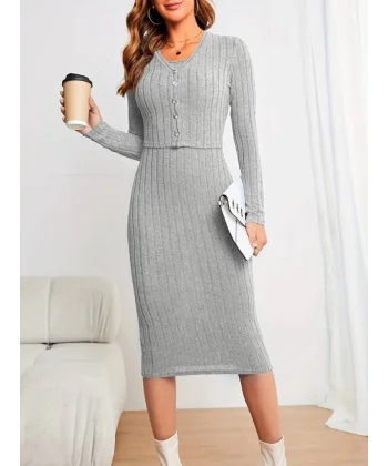 Kadın Uzun Kollu şardonlu Kaşkorseönü Düğmeli Mini Boy Elbise Ikili Takım