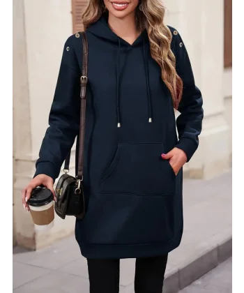 Kadın Uzun Kollu şardonlu Omuz Kuşgöz Detay Eteği Ribanalı Kapşonlu Iki Iplik Elbise