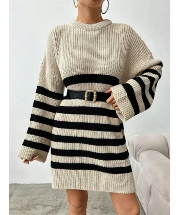 Kadın Uzun Kollu şerit Detay Triko Elbise Kemer Hariç