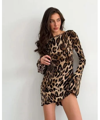 Kadın Uzun Kollu Sırtı Açık Bağlamalı Leopar Desenli Kısa Dalgıç Elbise