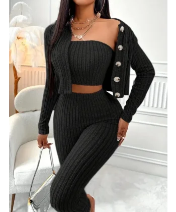 Kadın Uzun Kollu Straplez şardonlu Kaşkorse Bluz önü Düğmeli Ceket Ve Tayt Pantolonlu üçlü Takım