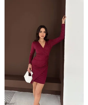 Kadın Uzun Kollu Taş Detay Mini Kruvaze Elbise