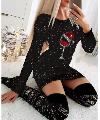 Kadın Uzun Kollu Taş Kadeh Baskı Dalgıç Mini Boy Elbise