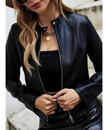 Kadın Uzun Kollu Tek Düğme Detaylı önden Fermuarlı Deri Ceket