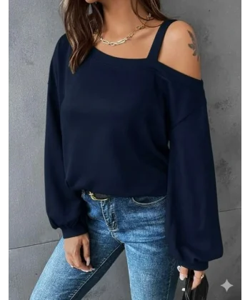 Kadın Uzun Kollu Tek Omuz Askı Detay Salaş Viskon Iki Iplik Bluz