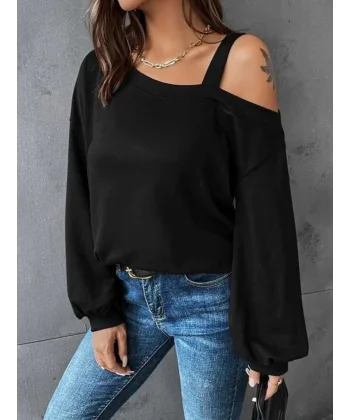 Kadın Uzun Kollu Tek Omuz Askı Detay Salaş Viskon Iki Iplik Bluz