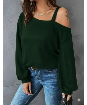 Kadın Uzun Kollu Tek Omuz Askı Detay Salaş Viskon Iki Iplik Bluz