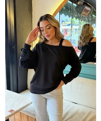 Kadın Uzun Kollu Tek Omuz Askı Detay Salaş Viskon Iki Iplik Bluz