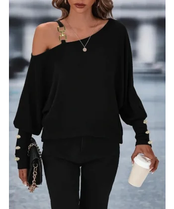 Kadın Uzun Kollu Tek Omuzdan Açık Askı Detaylı Waffle Bluz