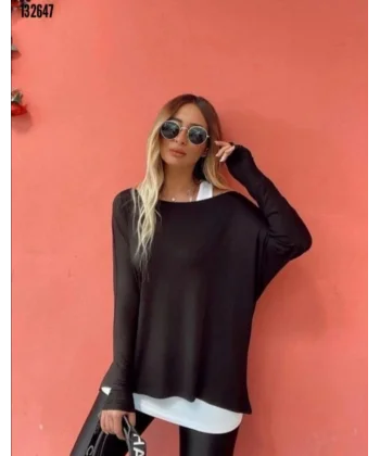 Kadın Uzun Kollu Tek Omuzdan Açık çilek Bluz Ve Viskon Atlet Ikili Takım