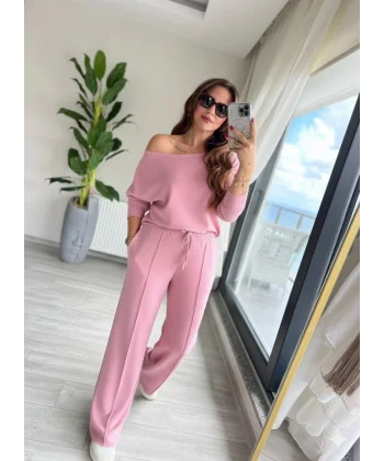 Kadın Uzun Kollu Tek Omuzdan Açık Dalgıç Bluz Ve Pantolon Ikili Takım