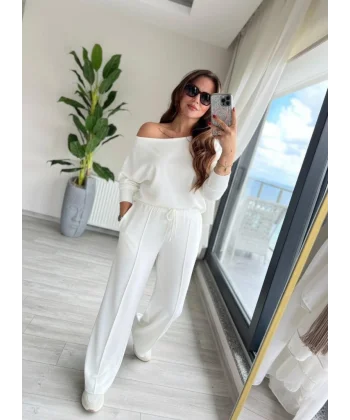 Kadın Uzun Kollu Tek Omuzdan Açık Dalgıç Bluz Ve Pantolon Ikili Takım
