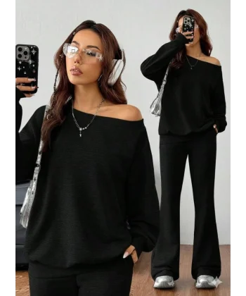 Kadın Uzun Kollu Tek Omuzdan Açık Iki Iplik Bluz Ve Pantolon Ikili Takım