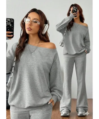 Kadın Uzun Kollu Tek Omuzdan Açık Iki Iplik Bluz Ve Pantolon Ikili Takım