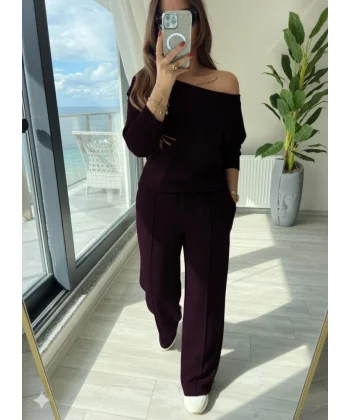 Kadın Uzun Kollu Tek Omuzdan Açık Modal Bluz Ve Pantolon Ikili Mürdüm Takım