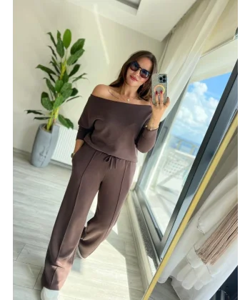 Kadın Uzun Kollu Tek Omuzdan Açık Modal Bluz Ve Pantolon Ikili Takım