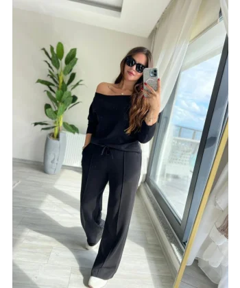 Kadın Uzun Kollu Tek Omuzdan Açık Modal Bluz Ve Pantolon Ikili Takım