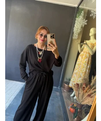 Kadın Uzun Kollu Tek Omuzdan Açık Viskon Iki Iplik Bluz Ve Pantolon Ikili Takım