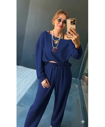 Kadın Uzun Kollu Tek Omuzdan Açık Viskon Iki Iplik Bluz Ve Pantolon Ikili Takım