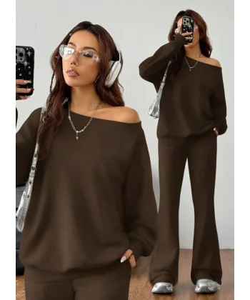 Kadın Uzun Kollu Tek Omuzdan ıkmiki Iplik Bluz Ve Pantolon Ikili Takım