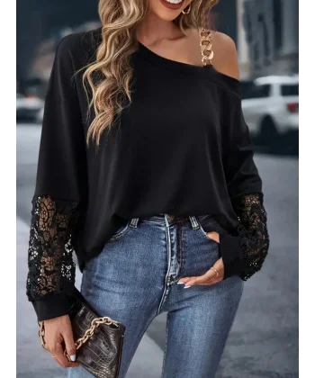 Kadın Uzun Kollu Tek Omuzu Açık Askılı Toka Ve Dantel Detay Viskon Iki Iplik Bluz