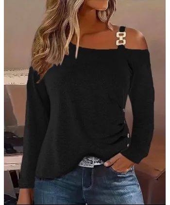Kadın Uzun Kollu Tek Omuzu Açık Askılı Toka Ve Düğme Detaylı Yumuşak Bluz