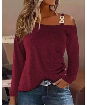 Kadın Uzun Kollu Tek Omuzu Açık Askılı Toka Ve Düğme Detaylı Yumuşak Bluz