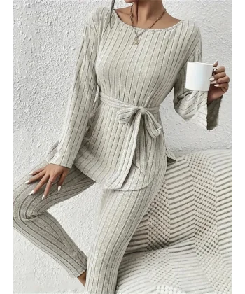 Kadın Uzun Kollu Tek Omuzu Açık Belden Kuşaklı şardonlu Kaşkorse Bluz Ve Tayt Pantolon