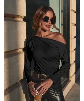 Kadın Uzun Kollu Tek Omuzu Açık Büzgü Detaylı Sandy Bluz