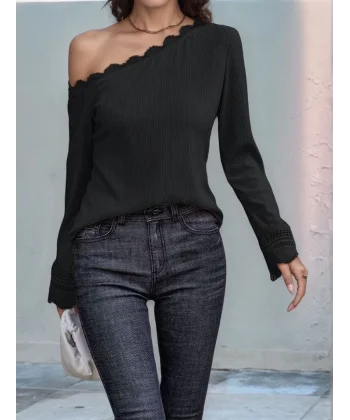 Kadın Uzun Kollu Tek Omuzu Açık Dantelli Burgu Bluz