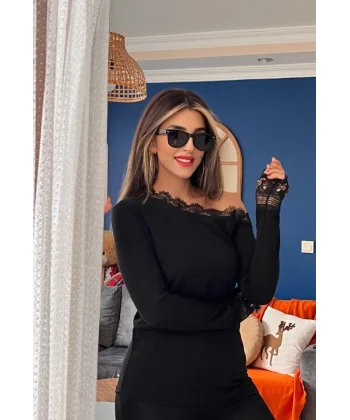 Kadın Uzun Kollu Tek Omuzu Açık Dantelli Burgu Bluz