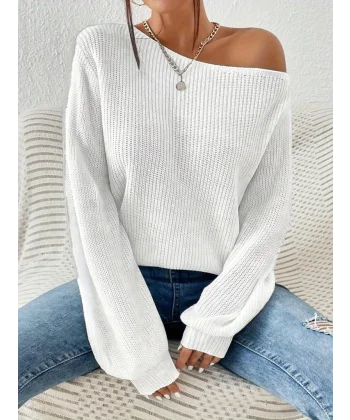 Kadın Uzun Kollu Tek Omuzu Açık Detaylı Triko Bluz