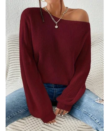 Kadın Uzun Kollu Tek Omuzu Açık Detaylı Triko Bluz