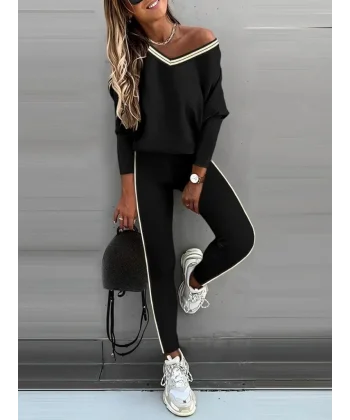 Kadın Uzun Kollu Tek Omuzu Açık Detaylı Viskon Iki Iplik Bluz Ve Pantolon Ikili Takım