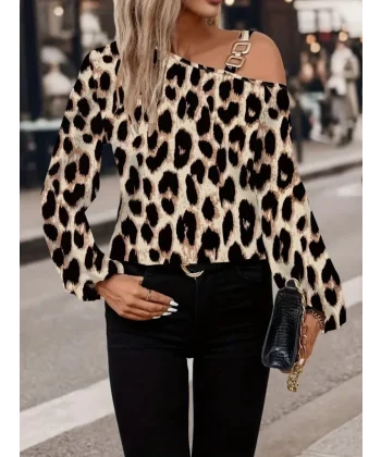 Kadın Uzun Kollu Tek Omuzu Açık Tokalı Leopar Desenli Modal Bluz