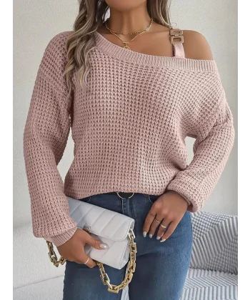 Kadın Uzun Kollu Tek Omuzu Açık Tokalı Triko Bluz