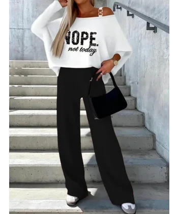 Kadın Uzun Kollu Tek Omuzu Açık Tokalı Yarasa Kol Iki Iplik şardonlu Bluz Ve Pantolon Ikili Takım