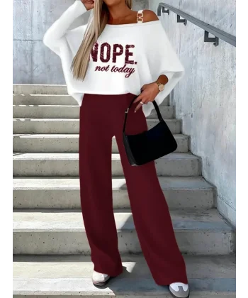 Kadın Uzun Kollu Tek Omuzu Açık Tokalı Yarasa Kol Iki Iplik şardonlu Bluz Ve Pantolon Ikili Takım