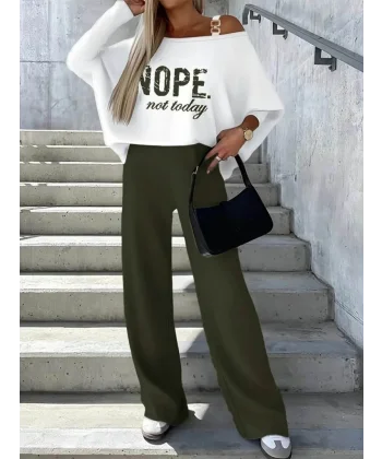 Kadın Uzun Kollu Tek Omuzu Açık Tokalı Yarasa Kol Iki Iplik şardonlu Bluz Ve Pantolon Ikili Takım