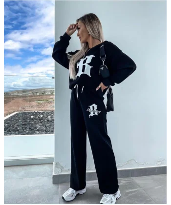 Kadın Uzun Kollu Tek Omuzu Açık Uzun Kollu Iki Iplik Bluz Ve Bağcıklı Pantolon Ikili Takım