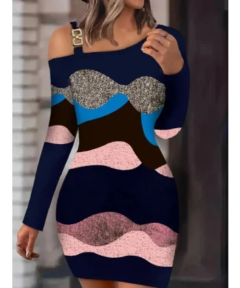 Kadın Uzun Kollu Tek Omuzu Askı Toka Detaylı Kısa Dalgıç Elbise