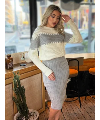 Kadın Uzun Kollu Triko Etekli Takım