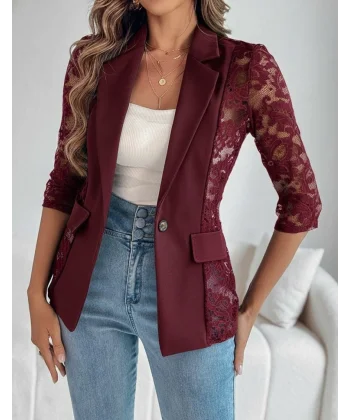 Kadın Uzun Kollu Truvakar Kol önden Düğmeli Cepli Dantelli Atlas Ceket