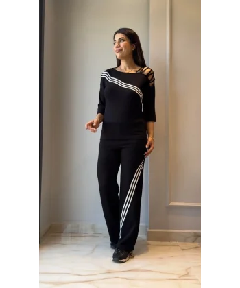 Kadın Uzun Kollu Truvakar Kol Tek Omuz çapraz şerit Detaylı Ribanalı Viskon Iki Iplik Bluz Ve Pantolon Ikili Takım