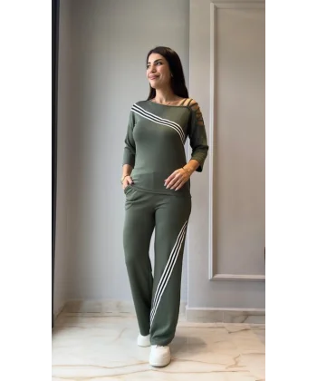 Kadın Uzun Kollu Truvakar Kol Tek Omuz çapraz şerit Detaylı Ribanalı Viskon Iki Iplik Bluz Ve Pantolon Ikili Takım