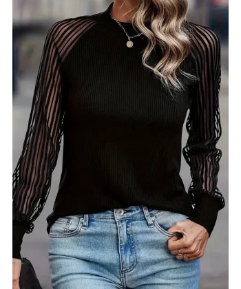 Kadın Uzun Kollu Tül Detaylı Bisiklet Yakalı Kaşkorse Bluz